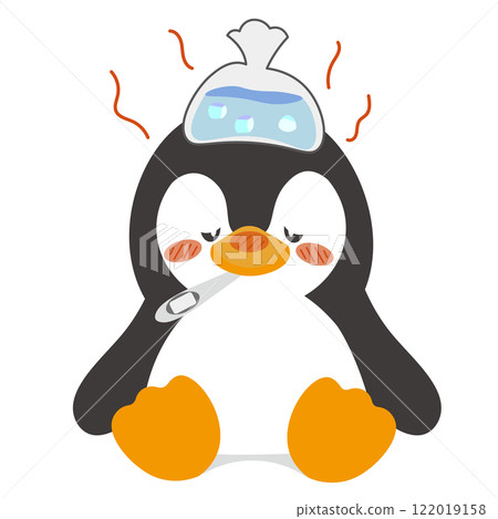 一隻發燒的企鵝嘴裡銜著溫度計的插圖 一隻發燒的企鵝嘴裡銜著溫度計的插圖 122019158
