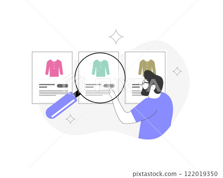 E-commerce product comparison illustration with magnifying glass, clothing items and user interaction. Online shopping, product search, customer reviews and decision-making vector illustration 122019350