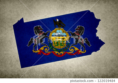Map of the state of Pennsylvania with its flag on a paper 122019484