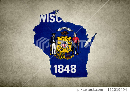 Map of the state of Wisconsin with its flag on a paper Map of the state of Wisconsin with its flag on a paper 122019494