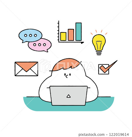 一個在帶有商業圖標的計算機上工作的人 122019614