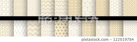 Geometric set of seamless golden and white patterns. Simple vector graphics Geometric set of seamless golden and white patterns. Simple vector graphics 122019784