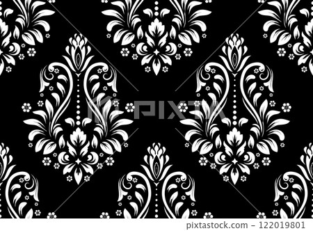 Wallpaper in the style of Baroque. Seamless vector background. White and black floral ornament. Graphic pattern for fabric, wallpaper, packaging. Ornate Damask flower ornament. Wallpaper in the style of Baroque. Seamless vector background. White and black floral ornament. Graphic pattern for fabric, wallpaper, packaging. Ornate Damask flower ornament. 122019801
