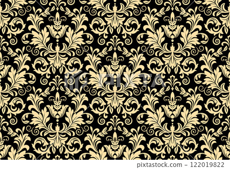 Wallpaper in the style of Baroque. Seamless vector background. Golden and black floral ornament. Graphic pattern for fabric, wallpaper, packaging. Ornate Damask flower ornament 122019822