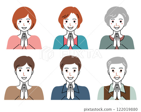 Men and women of three generations joining hands and saying "Itadakimasu" Men and women of three generations joining hands and saying "Itadakimasu" 122019880
