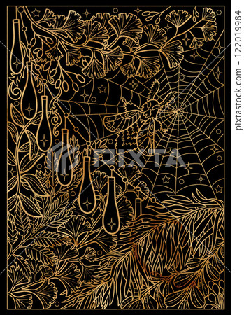 Black and gold illustration with moth, spider web, decorative leaves and garland with lights. Mystic spiritual nature background. Black and gold illustration with moth, spider web, decorative leaves and garland with lights. Mystic spiritual nature background. 122019984