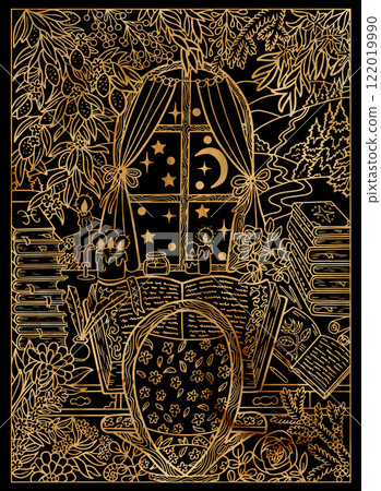 Black and gold illustration with mystic garden, plants and flowers, vintage chair and table with books and candles, magic window with fantasy landscape.  122019990