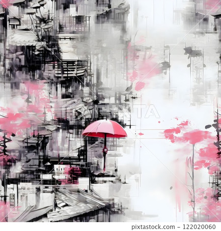Abstract red umbrella against an urban background, monochromatic with splashes of red, artistic illustration with copy space Abstract red umbrella against an urban background, monochromatic with splashes of red, artistic illustration with copy space 122020060