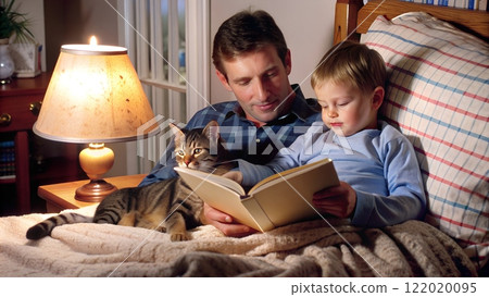 Father and Son Reading a Book Together in a Cozy Bed with a Cat 122020095