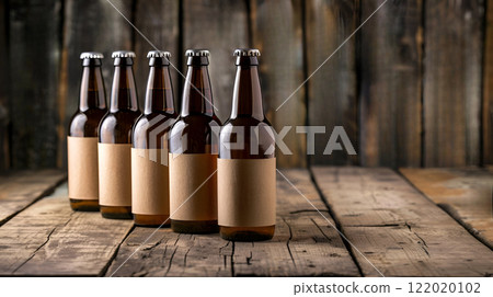 Craft Beer Bottles displayed on Rustic Wooden Table at Brewery, creating charming atmosphere 122020102