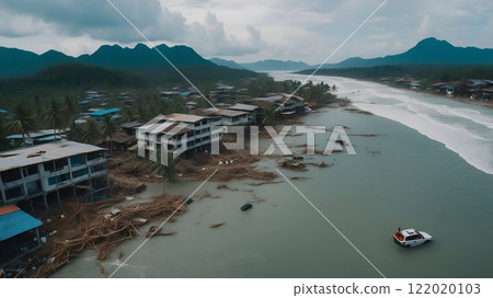 Aerial view of a coastal area postdisaster, showing damage, debris, and cleanup efforts 122020103