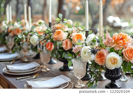 Elegant Floral Table Setting with Candles and Roses is ideal for weddings or anniversaries 122020104