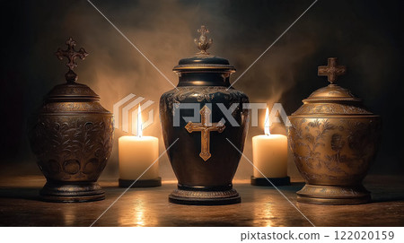 Dark Antique Funeral Urns with Candlelight in a Moody Setting 122020159