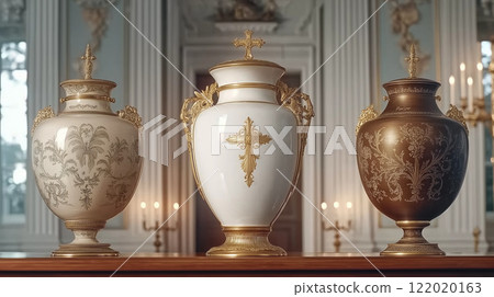 Three Luxurious Funeral Urns with Golden Crosses in an Elegant Setting 122020163