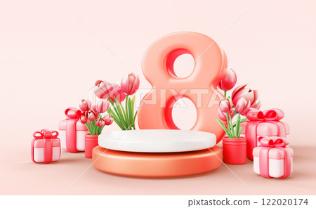 Women Day 8 March banner with podium, red number eight, spring tulips, gift boxes on pastel pink flower background 3d render. Holiday sale promotion stage for cosmetic product display. 3D illustration 122020174