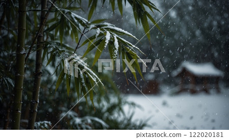 Experience the serene snowfall that delicately blankets the bamboo in a beautiful winter landscape Experience the serene snowfall that delicately blankets the bamboo in a beautiful winter landscape 122020181