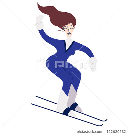 Vector female skier in blue sweater. Winter illustration for resort and ski tourism. Sport. Clipart. 122020382