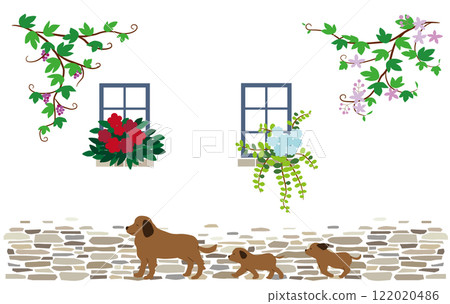 Background illustration of a parent and child dog walking under the exterior wall of a building with plants on the windowsill Background illustration of a parent and child dog walking under the exterior wall of a building with plants on the windowsill 122020486