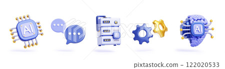 3d set of artificial intelligence icon render. AI chip, brain, data server, speech bubble, gears. Innovation technology, science and business concept, isolated elements for ui design. 3D illustration 3d set of artificial intelligence icon render. AI chip, brain, data server, speech bubble, gears. Innovation technology, science and business concept, isolated elements for ui design. 3D illustration 122020533