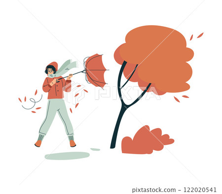 Storm with Woman Character Struggle with Umbrella in Hurricane Vector Illustration Storm with Woman Character Struggle with Umbrella in Hurricane Vector Illustration 122020541