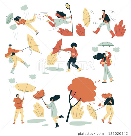 Storm with People Character Struggle with Umbrella in Hurricane Vector Set Storm with People Character Struggle with Umbrella in Hurricane Vector Set 122020542