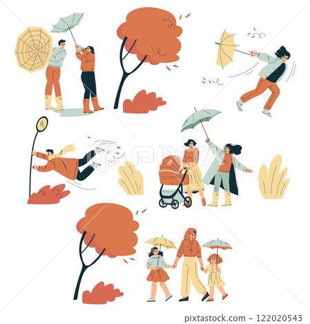 Storm with People Character Struggle with Umbrella in Hurricane Vector Set 122020543
