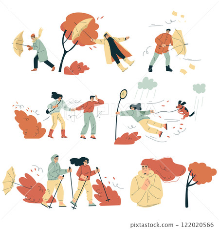 Storm with People Character Struggle with Umbrella in Hurricane Vector Set 122020566