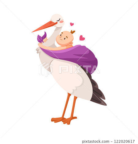 Stork Carry Baby in Wrap with Beak Vector Illustration Stork Carry Baby in Wrap with Beak Vector Illustration 122020617