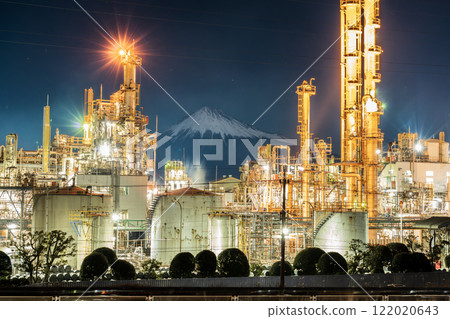 Night view of factories and Mount Fuji illuminated by moonlight from Shizuoka City Night view of factories and Mount Fuji illuminated by moonlight from Shizuoka City 122020643