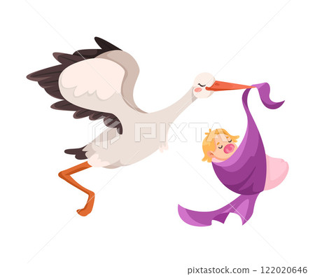 Stork Carry Baby in Wrap with Beak Vector Illustration 122020646