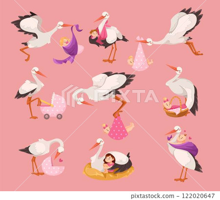 Stork Carry Baby in Wrap with Beak Vector Set Stork Carry Baby in Wrap with Beak Vector Set 122020647