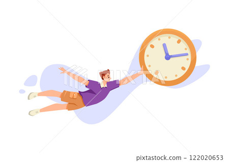 Man and Time Management Flying Hold Clock Dial Vector Illustration 122020653