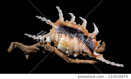 Scorpion Conch Shell on Wood black background Scorpion Conch Shell on Wood black background 122020674