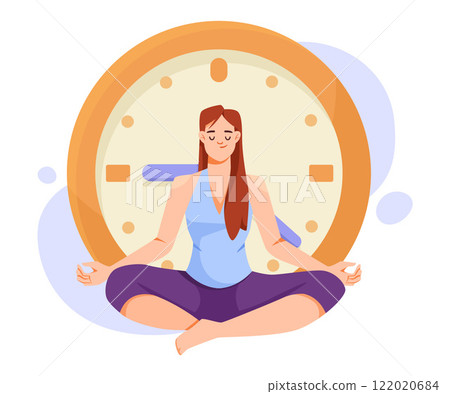Woman and Time Management with Clock Dial Sit and Meditate Vector Illustration 122020684