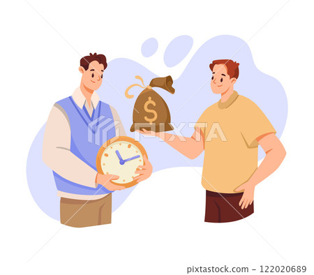 Man and Time Management with Clock Dial and Money Sack Vector Illustration Man and Time Management with Clock Dial and Money Sack Vector Illustration 122020689