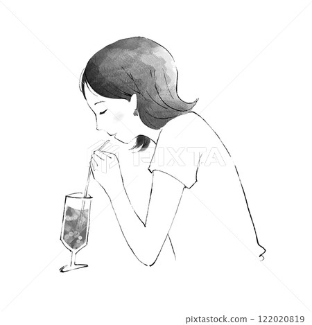 Illustration of a woman drinking a cold drink 122020819
