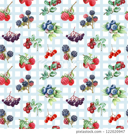 Hand drawn fresh berries on light-blue color checkered background seamless pattern. Garden blueberry, raspberry, elderberry, blackberry berries vintage style illustration seamless pattern element 122020947