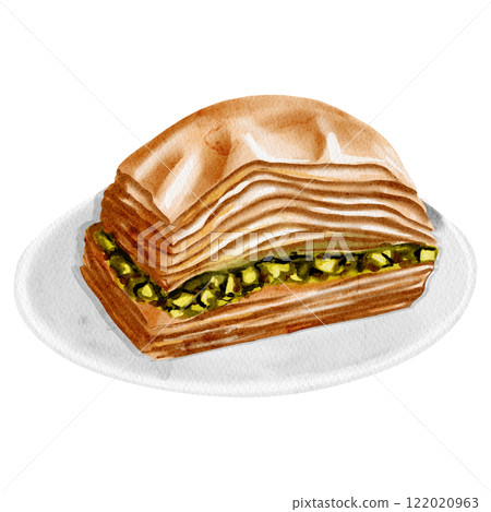A piece of baklava lies on a plate. Honey, multi-layered baklava with pistachios and nuts. Turkish dessert. Sweet oriental delicacy. Watercolor illustration. A piece of baklava lies on a plate. Honey, multi-layered baklava with pistachios and nuts. Turkish dessert. Sweet oriental delicacy. Watercolor illustration. 122020963