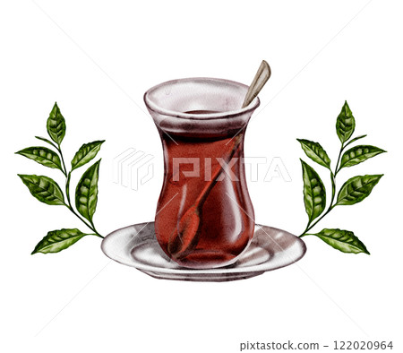 Turkish tea. A glass of tea and a saucer. There is a teaspoon in a glass. Traditions of Turkey. A sprig of a tea plant. A few green leaves. Fragrant black tea. Watercolor illustration. No background. Turkish tea. A glass of tea and a saucer. There is a teaspoon in a glass. Traditions of Turkey. A sprig of a tea plant. A few green leaves. Fragrant black tea. Watercolor illustration. No background. 122020964