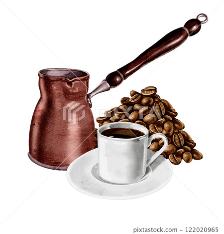 Coffee pot, coffee and cup with wofe. Breakfast composition. Copper and porcelain dishes. Coffee mood. Watercolor illustration.  122020965