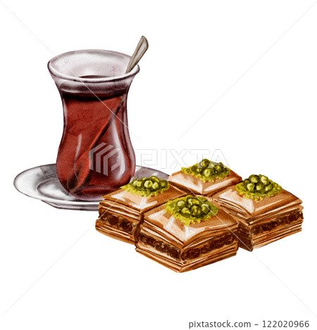 Turkish delicacies. Eastern sweets. Tea in a glass. Spoon inside. Baklava, Turkish delight, nuts and pistachios. Sweet dessert. Watercolor illustration. 122020966