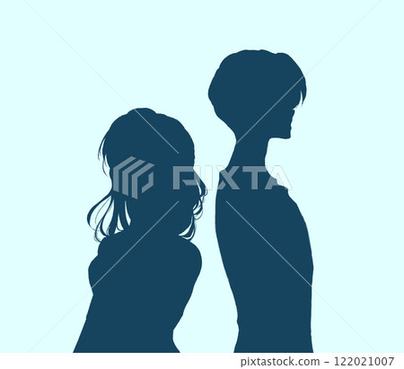 Men and women standing back to back, upper body, silhouette, negative 122021007