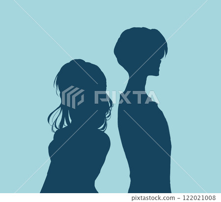 Men and women standing back to back, upper body, silhouette, negative Men and women standing back to back, upper body, silhouette, negative 122021008