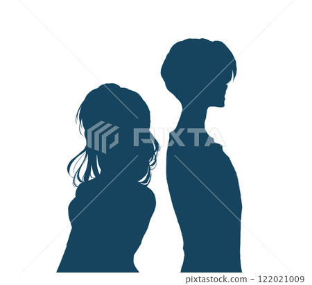 Men and women standing back to back, upper body, silhouette, negative Men and women standing back to back, upper body, silhouette, negative 122021009