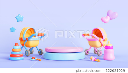 3d gender reveal party background with podium. Blue boy or pink girl baby shower banner with stage, carriage, bottle, pacifier, toy, flying stars and hearts. Birth of twins greeting. 3D illustration 3d gender reveal party background with podium. Blue boy or pink girl baby shower banner with stage, carriage, bottle, pacifier, toy, flying stars and hearts. Birth of twins greeting. 3D illustration 122021029