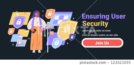 Ensuring user security woman holding smartphone surrounded by security icons computer screen dark background website banner Ensuring user security woman holding smartphone surrounded by security icons computer screen dark background website banner 122021035
