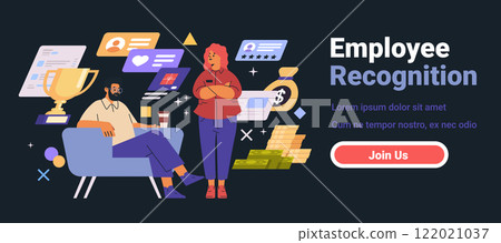 Employee recognition concept with two characters trophy money and icons on dark background website or mobile application screen Employee recognition concept with two characters trophy money and icons on dark background website or mobile application screen 122021037