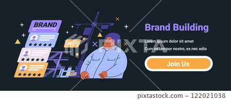 Brand building concept with construction elements and user reviews. Features a person observing a crane and scaffold structure with rating cards in the background. Dark mode website banner Brand building concept with construction elements and user reviews. Features a person observing a crane and scaffold structure with rating cards in the background. Dark mode website banner 122021038