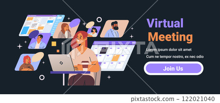 Virtual meeting online collaboration concept illustration. Diverse individuals on video call screens with a woman using a laptop dark background modern design 122021040