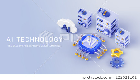 AI technology isometric 3d banner. Artificial intelligence server with chip processor gpu and gears on blue background render. Big data, machine learning and cloud computing concept. 3D illustration AI technology isometric 3d banner. Artificial intelligence server with chip processor gpu and gears on blue background render. Big data, machine learning and cloud computing concept. 3D illustration 122021101